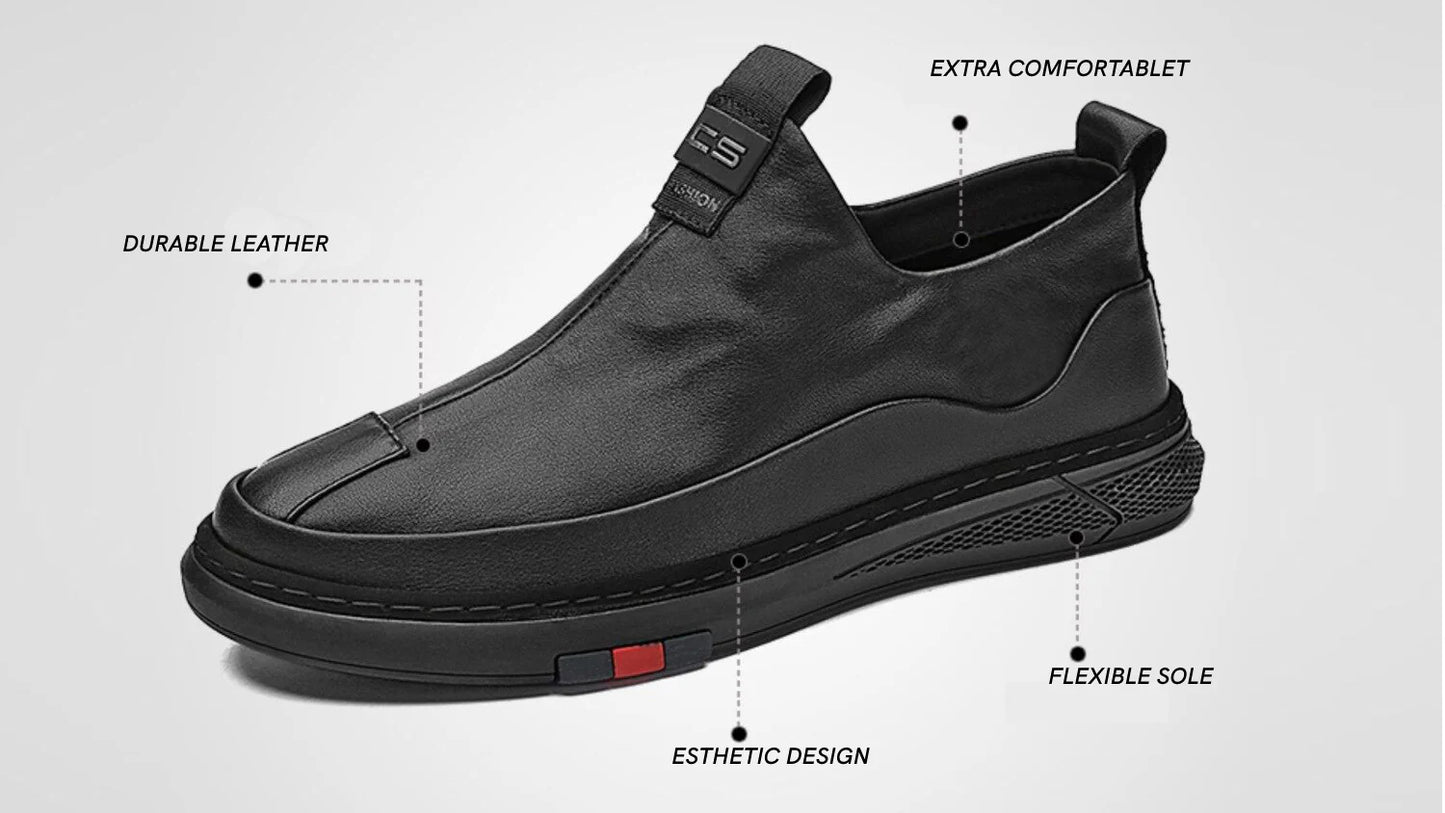 Black men's casual shoes by 18894, featuring a sleek design and comfortable slip-on style, ideal for everyday wear.