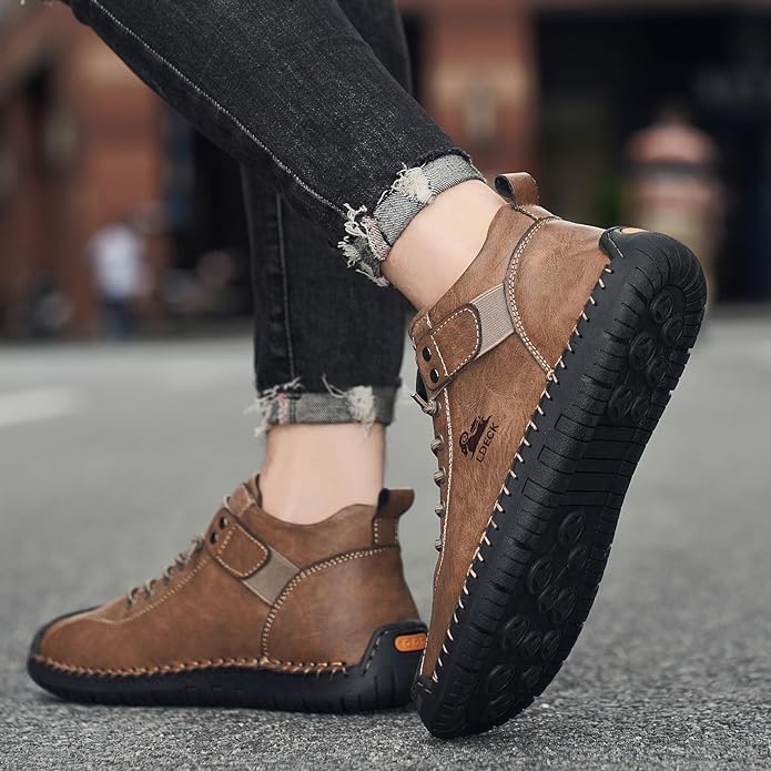 Men's brown casual boots from brand 18894 featuring sturdy leather construction and a classic lace-up design.