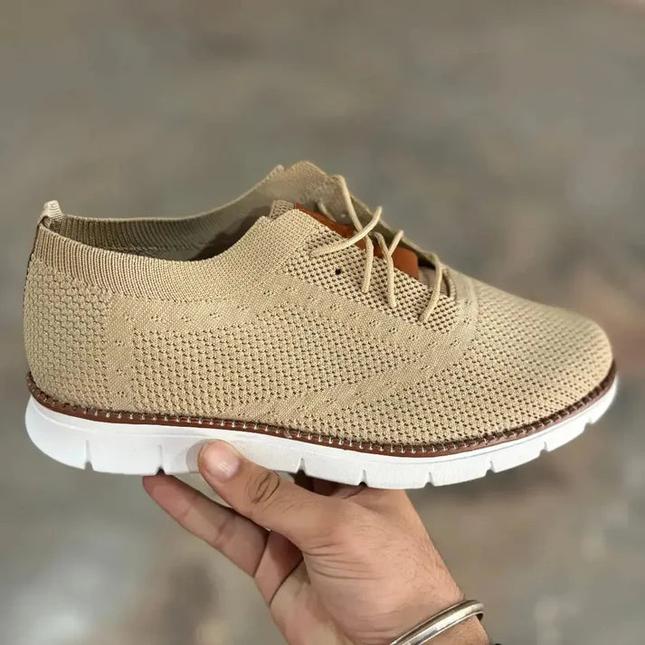 Tan mesh men's casual shoes by 18894, showing breathable fabric and stylish design perfect for everyday wear.
