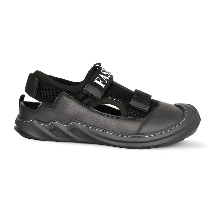 Black leather men's sandal from brand 18894 with adjustable straps and cushioned sole, suitable for casual summer wear.