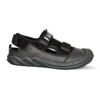 Black leather men's sandal from brand 18894 with adjustable straps and cushioned sole, suitable for casual summer wear.