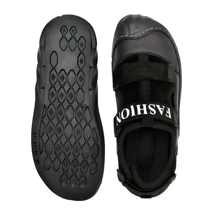 Black leather men's sandal from 18894 with adjustable straps and cushioned sole, ideal for casual summer wear.