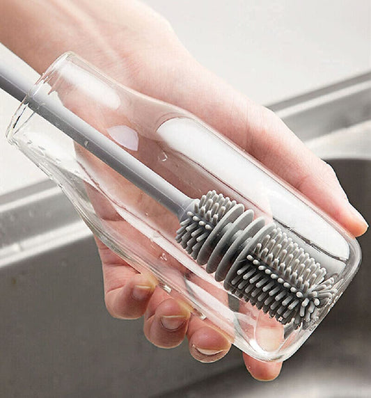 Kitchen4U silicone bottle cleaning brush with long handle, ideal for baby bottles, water bottles, jars, vases, and glassware.
