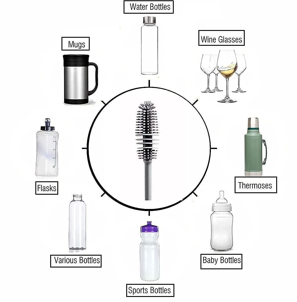 Kitchen4U silicone bottle cleaning brush with long handle, ideal for baby bottles, water bottles, vases, and glassware, in grey.