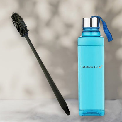 Multi-color Kitchen4U silicone cleaning brush and 1L water bottle set, square-shaped with strap, ideal for school, home, and gym.