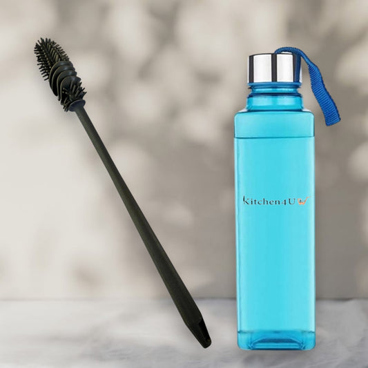 Multi-color Kitchen4U silicone cleaning brush and 1L water bottle set, square-shaped with strap, ideal for school, home, and gym.