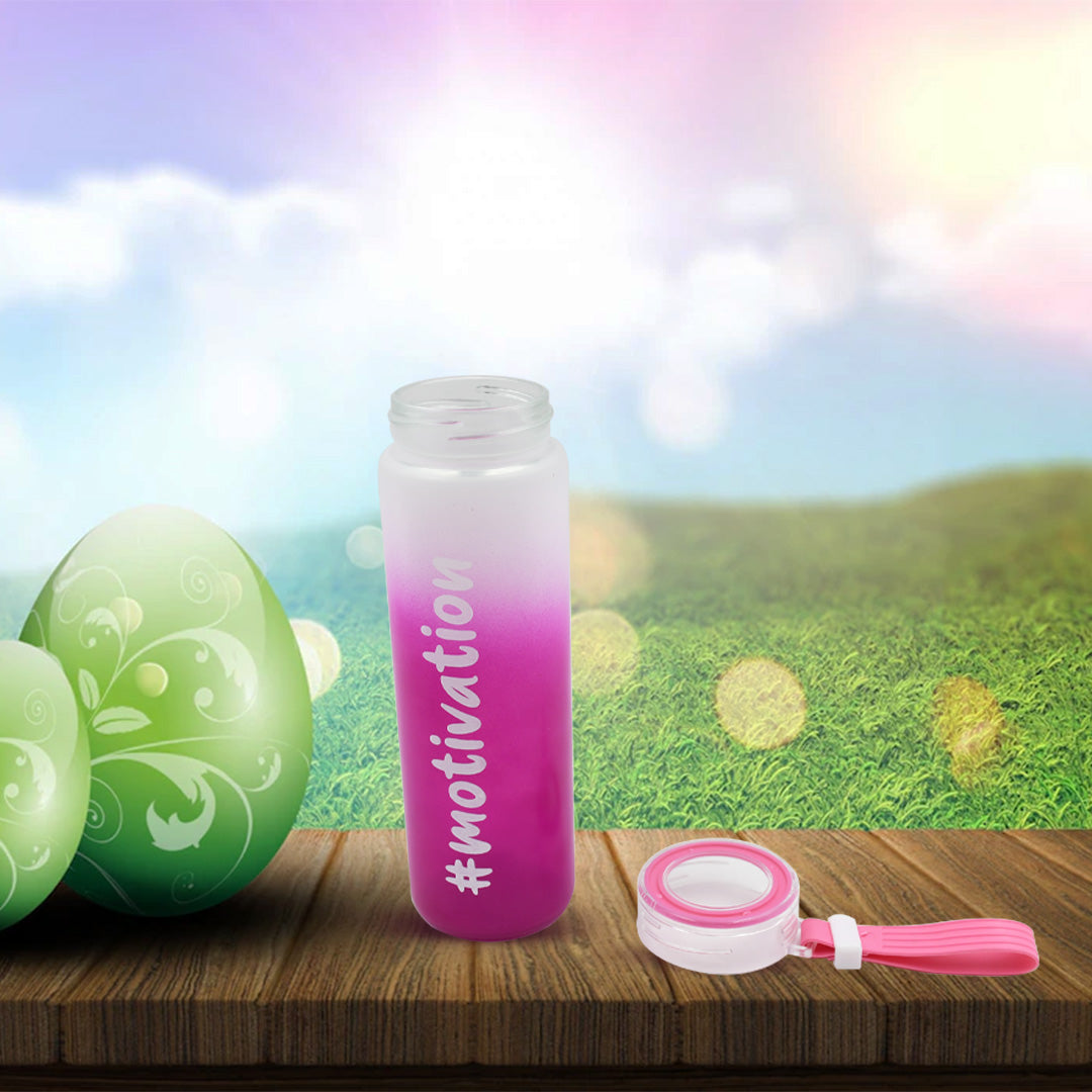 Colorful Wukusy 350ml motivational glass water bottle with rubber band, designed for daily hydration during workouts and cycling.