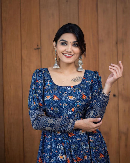Stylish printed Georgette gown for women, perfect for parties, weddings, and festivals, featuring trendy and elegant design.