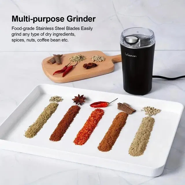 Electric coffee grinder by 19202 with a random color, compact design, and stainless steel burrs for fresh ground coffee.