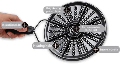 Glass heat diffuser plate for kitchen gas stoves, designed for even heat conduction, compatible with cookware and hot milk preparation.