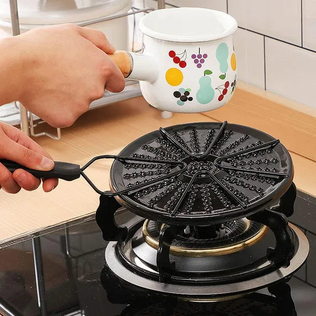 Glass heat diffuser plate for kitchen gas stove, designed for even heat conduction and hot milk preparation. Brand 19202.