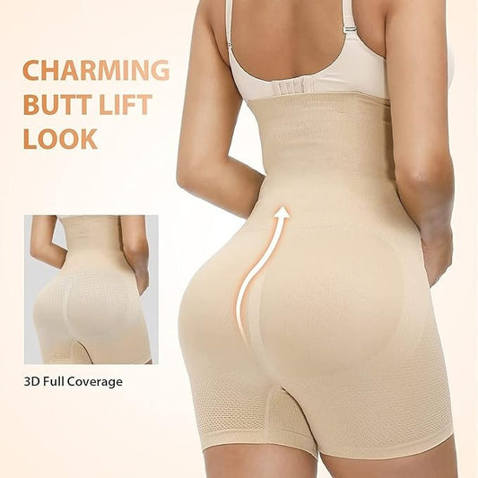 High waist women's body shaper and thigh slimmer by 19203, skin-toned shapewear for tummy control and figure shaping.
