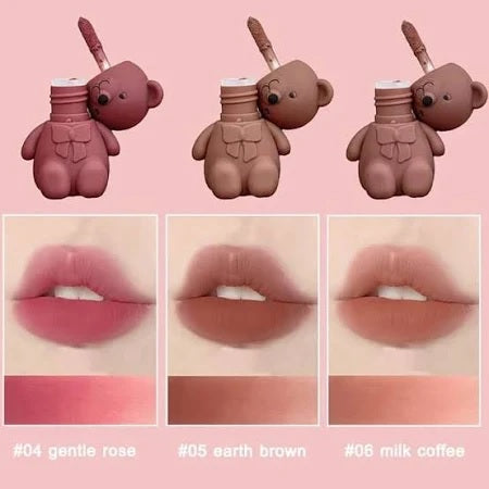 Set of six 19203 lipsticks with bear keychain, featuring long-lasting, creamy matte textures in multicolour shades.