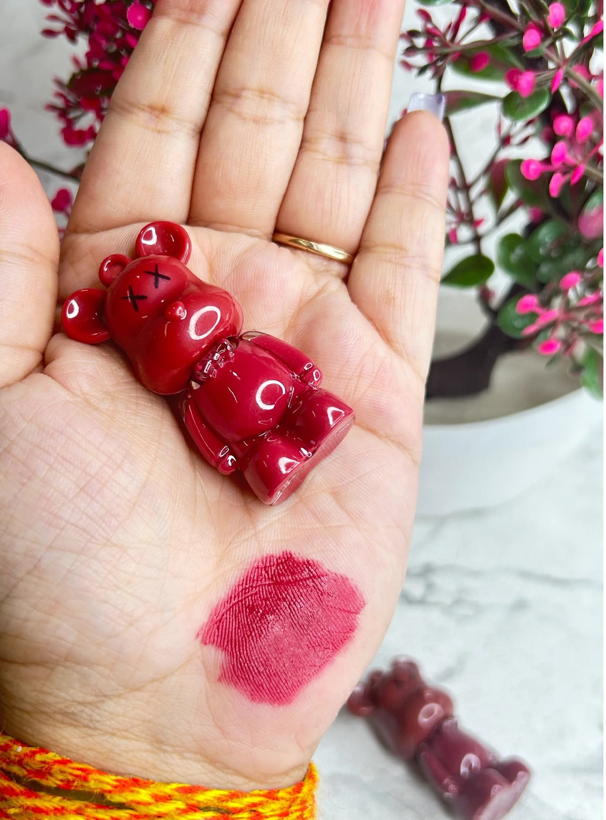 Set of six multicolored 19203 lipsticks with bear keychain, creamy matte texture, long-lasting lip tint for makeup.