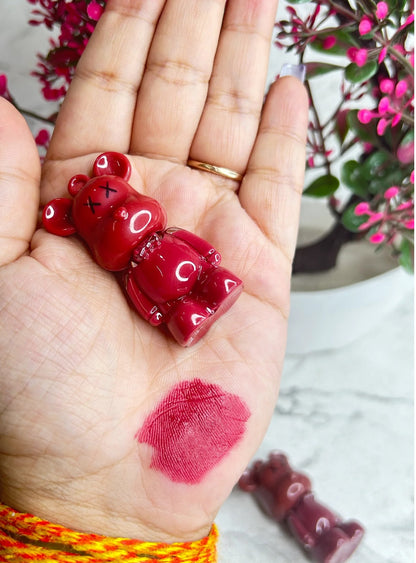 Set of six multicolored 19203 lipsticks with bear keychain, creamy matte texture, long-lasting lip tint for makeup.
