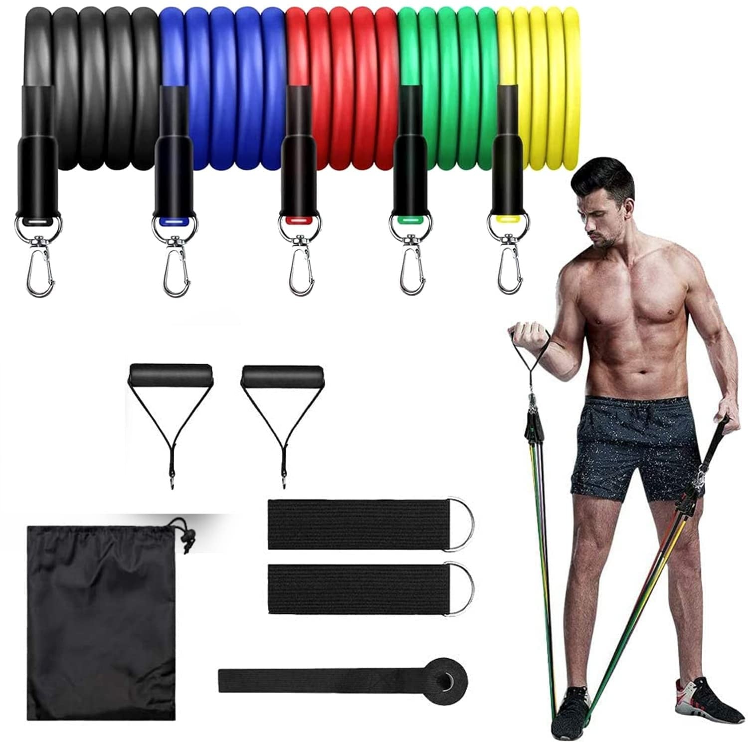 Multicolor premium edition professional exercise resistance bands with stacking capability up to 110 lbs for fitness and sports training.