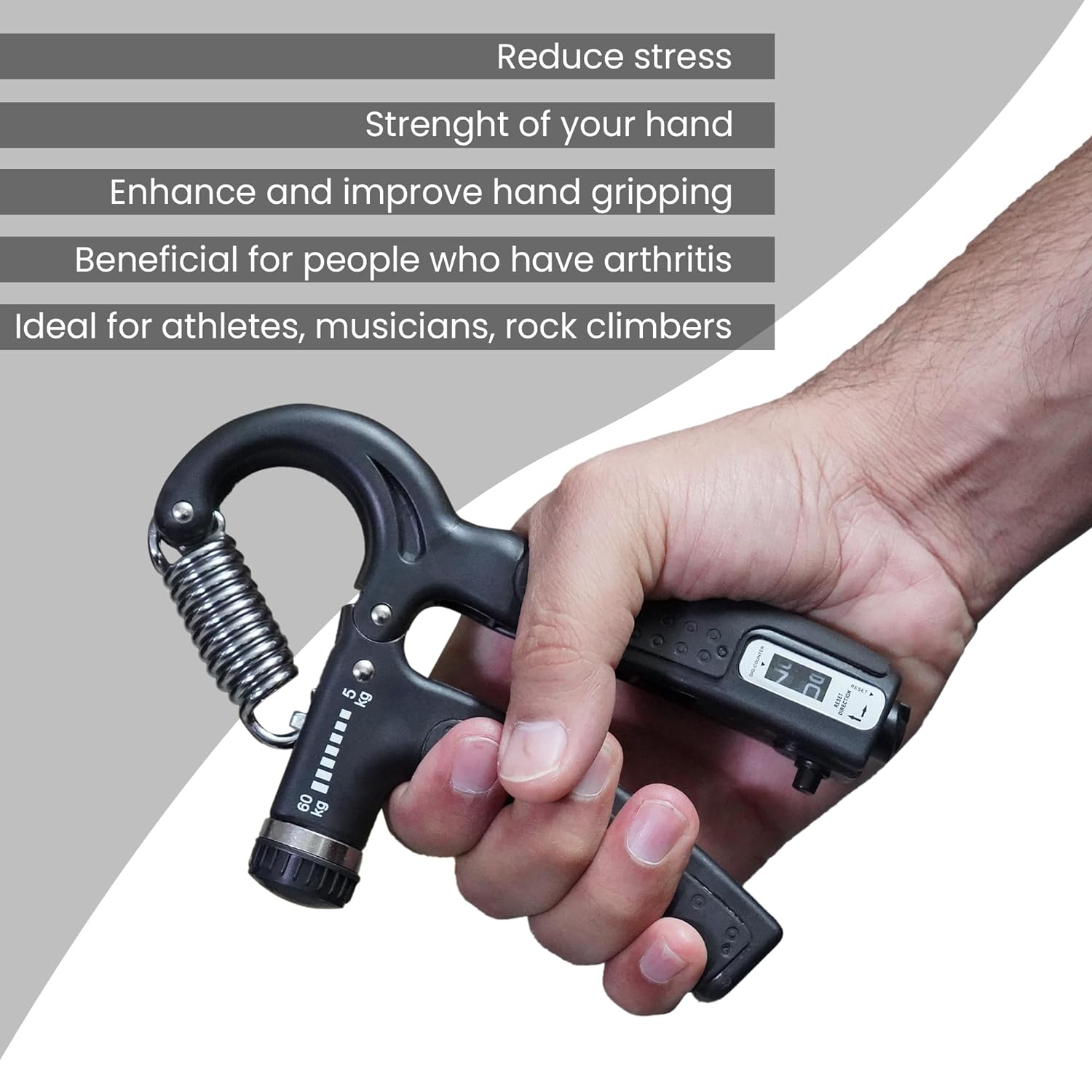Black 19226 hand gripper adjustable from 10kg to 60kg, professional counter hand grip and finger exerciser for men and women.