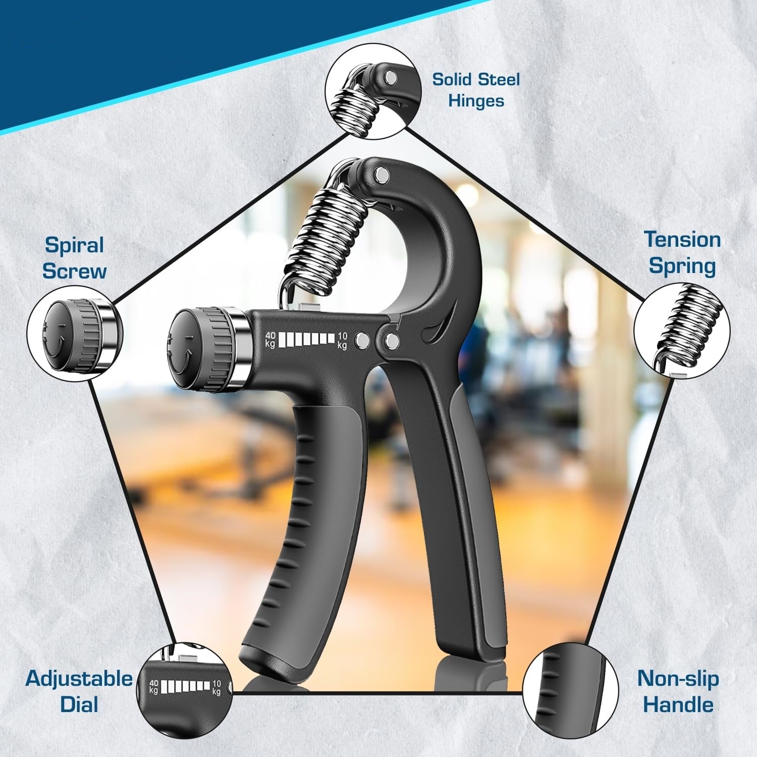 Black hand gripper strengthener with adjustable resistance from 10 to 60kg, ideal for grip and forearm training, injury recovery.