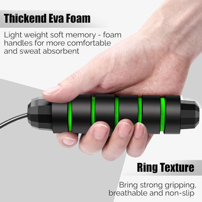 Premium black and green PVC speed skipping rope with handles, suitable for men, women, boys, and girls, for fitness and cardio.