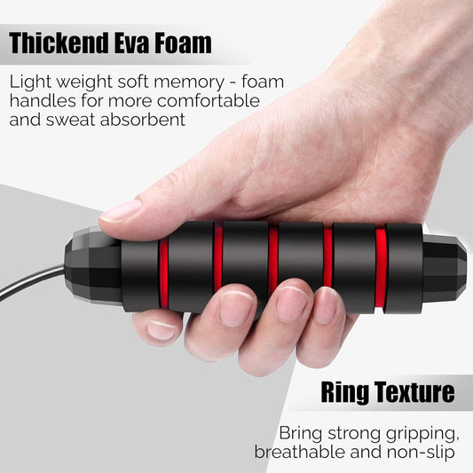 Multicolor PVC skipping rope with black and red handles, designed for men, women, boys, and girls for speed and fitness training.