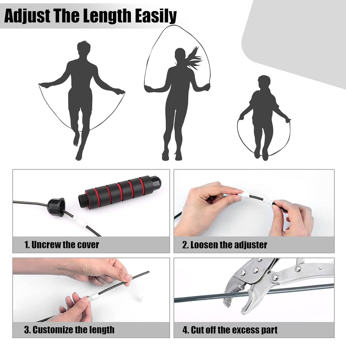 Premium sports speed skipping rope with PVC handles in black and red, designed for men, women, boys, and girls.