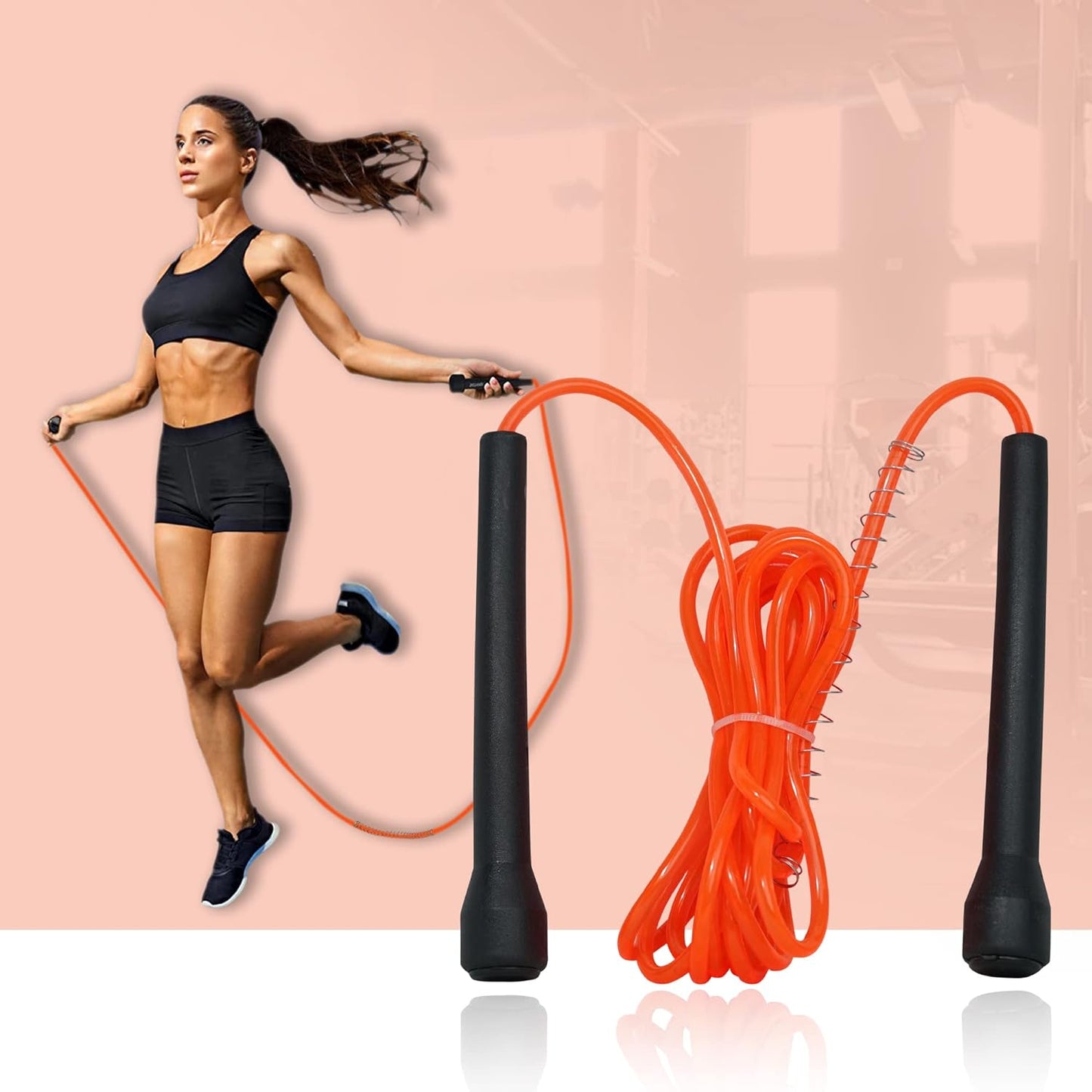 Orange premium sports speed skipping rope with PVC handles, multicolor design, ideal for men, women, boys, and girls.