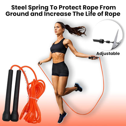 Orange premium sports speed skipping rope with PVC handles, multicolor pencil design, suitable for men, women, boys, and girls.
