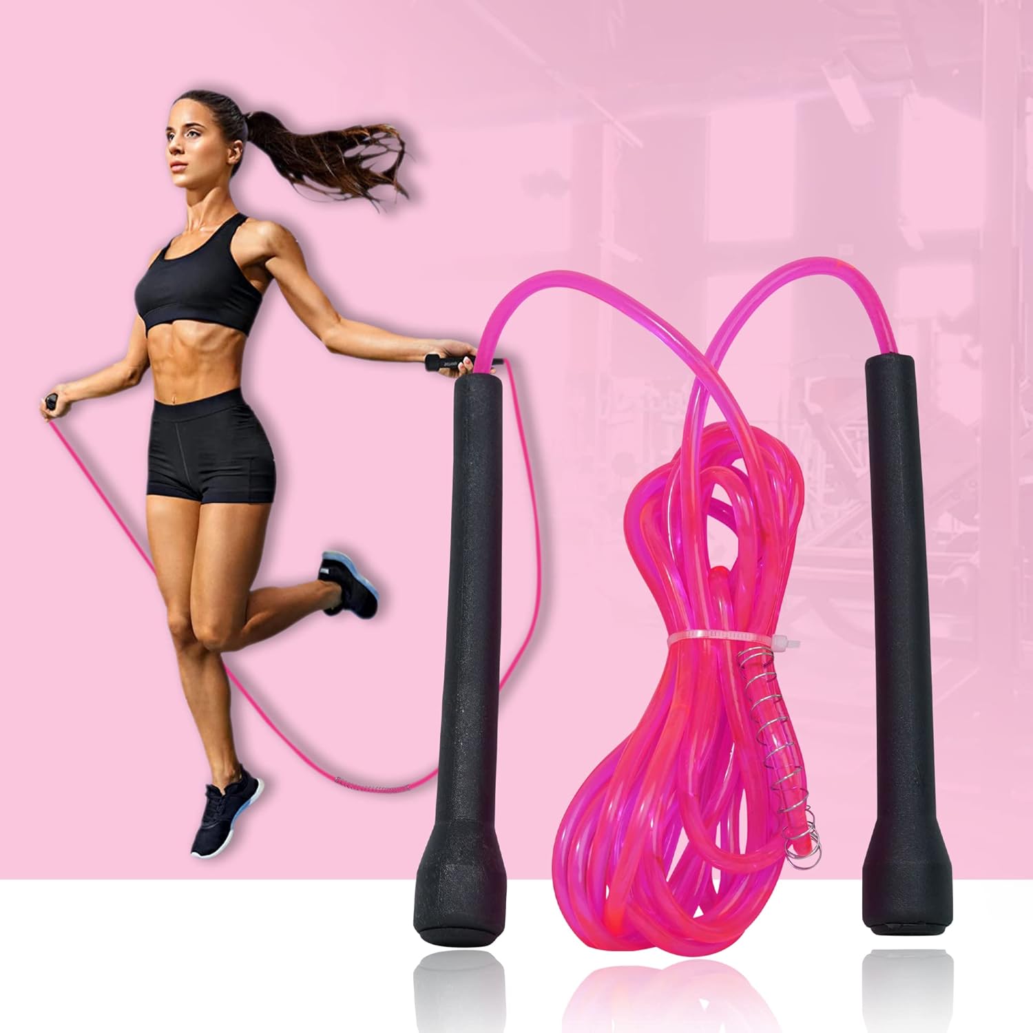 Pink premium sports speed skipping rope with PVC handles, multicolor design for men, women, boys, and girls.