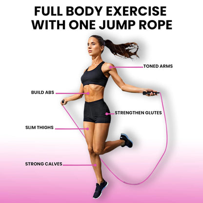 Pink premium sports speed skipping rope with PVC handles, multicolor pencil design, suitable for men, women, boys, and girls.