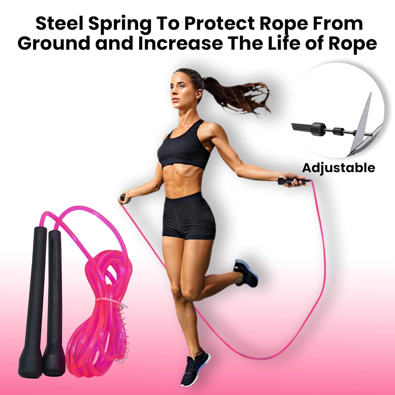 Pink premium sports speed skipping rope with PVC handles, multicolor design, suitable for men, women, boys, and girls.
