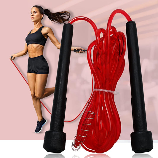 Premium sports speed skipping rope with red PVC handles and multicolor PVC cable, ideal for men, women, boys, and girls.