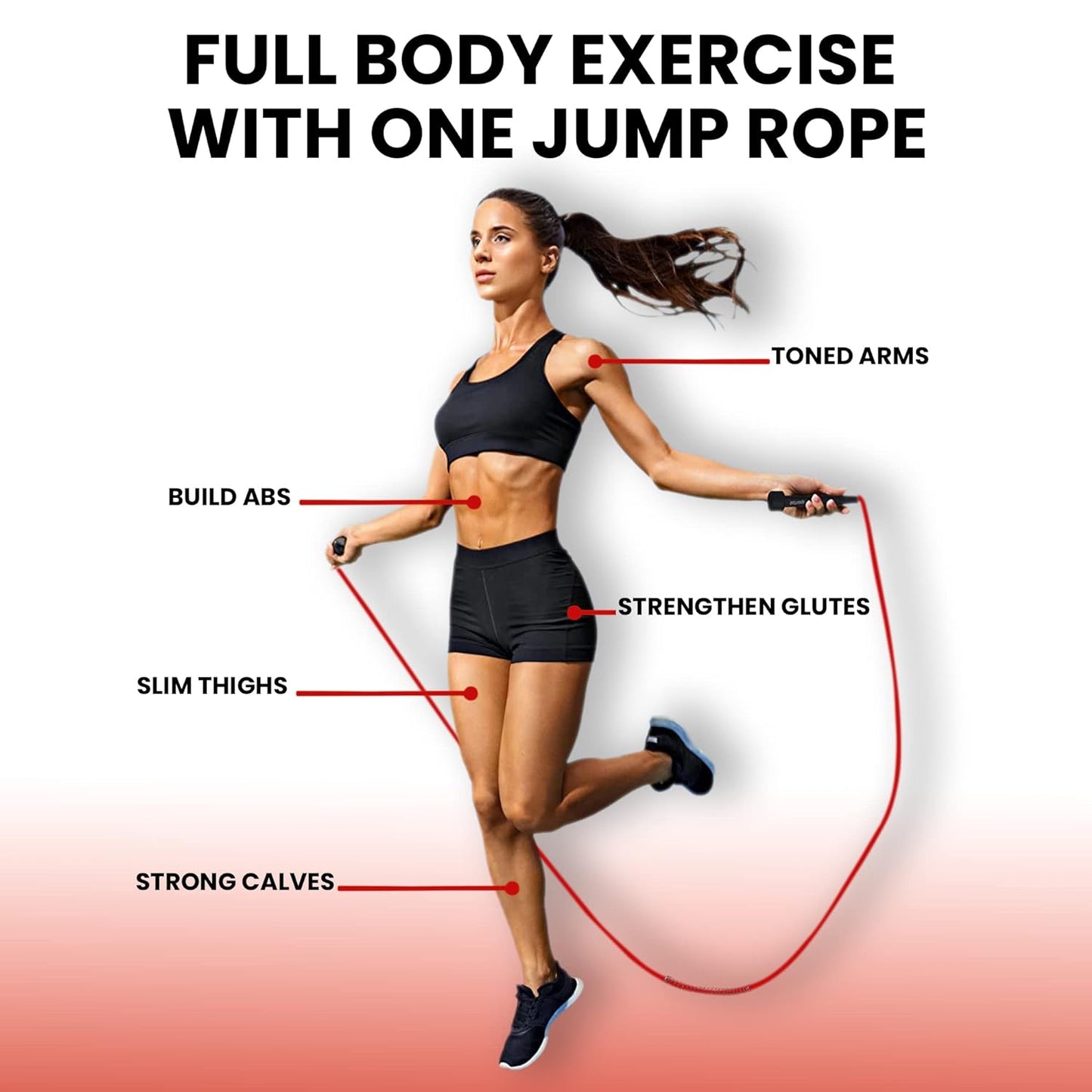 Red premium sports speed skipping rope with PVC handles, multicolor pencil design, suitable for men, women, boys, and girls.