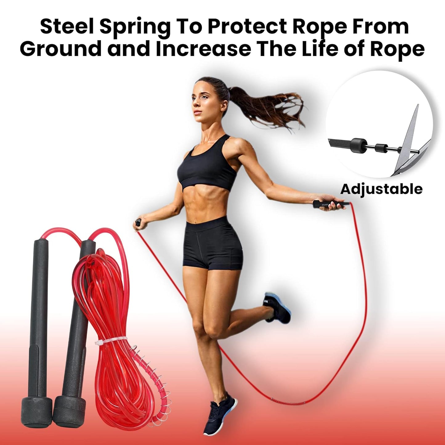 Red premium sports speed skipping rope with PVC handles, multicolor pencil design for men, women, boys, and girls.