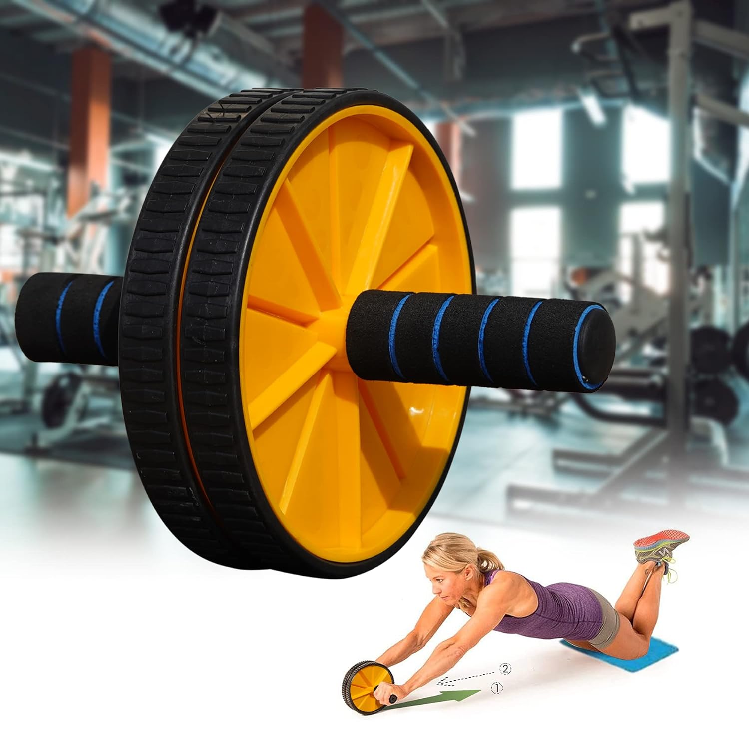 Yellow and black premium ab wheel roller for men and women, includes knee mat, ideal for abdominal workouts and home exercise routines.