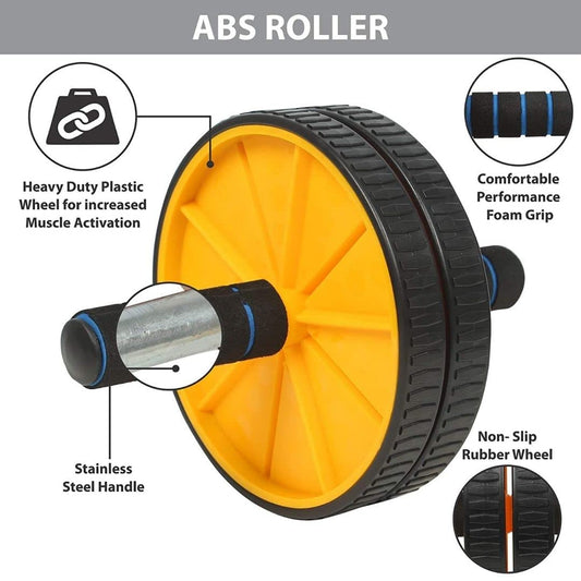 Yellow and black premium ab wheel roller for men and women, with knee mat for abdominal workout and home exercise.