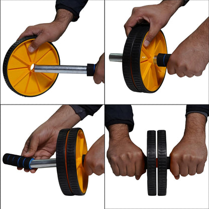 Yellow and black premium abs roller for men and women, with knee mat, used for abdominal workout and core strengthening exercises.