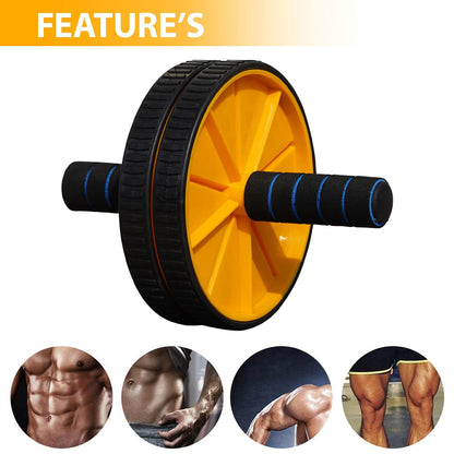 Yellow and black premium abs roller for men and women, with knee mat, for abdominal workout and core strengthening exercises.