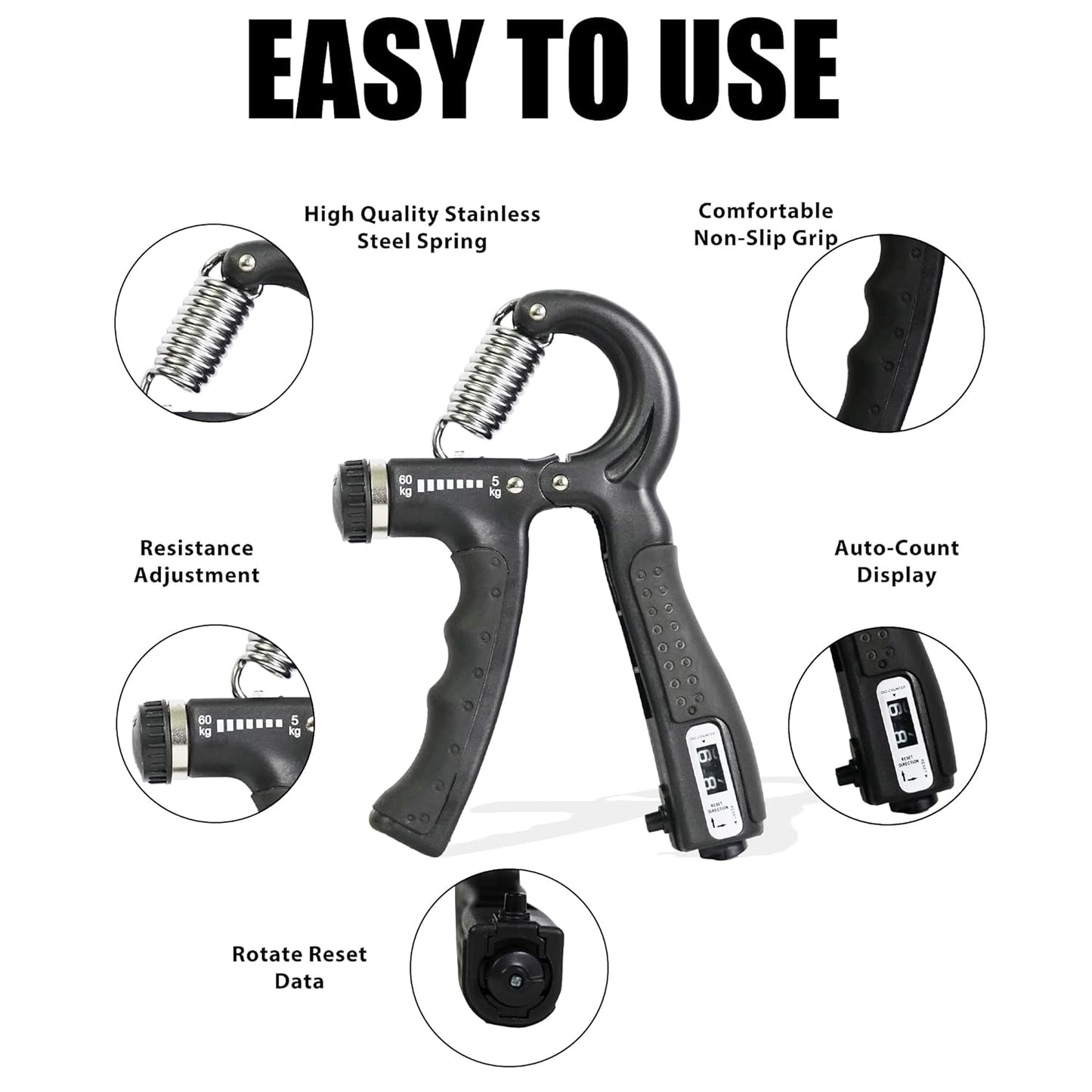 Black 19227 Premium Hand Gripper, adjustable 10kg to 60kg, for finger and hand strength training, suitable for men and women.