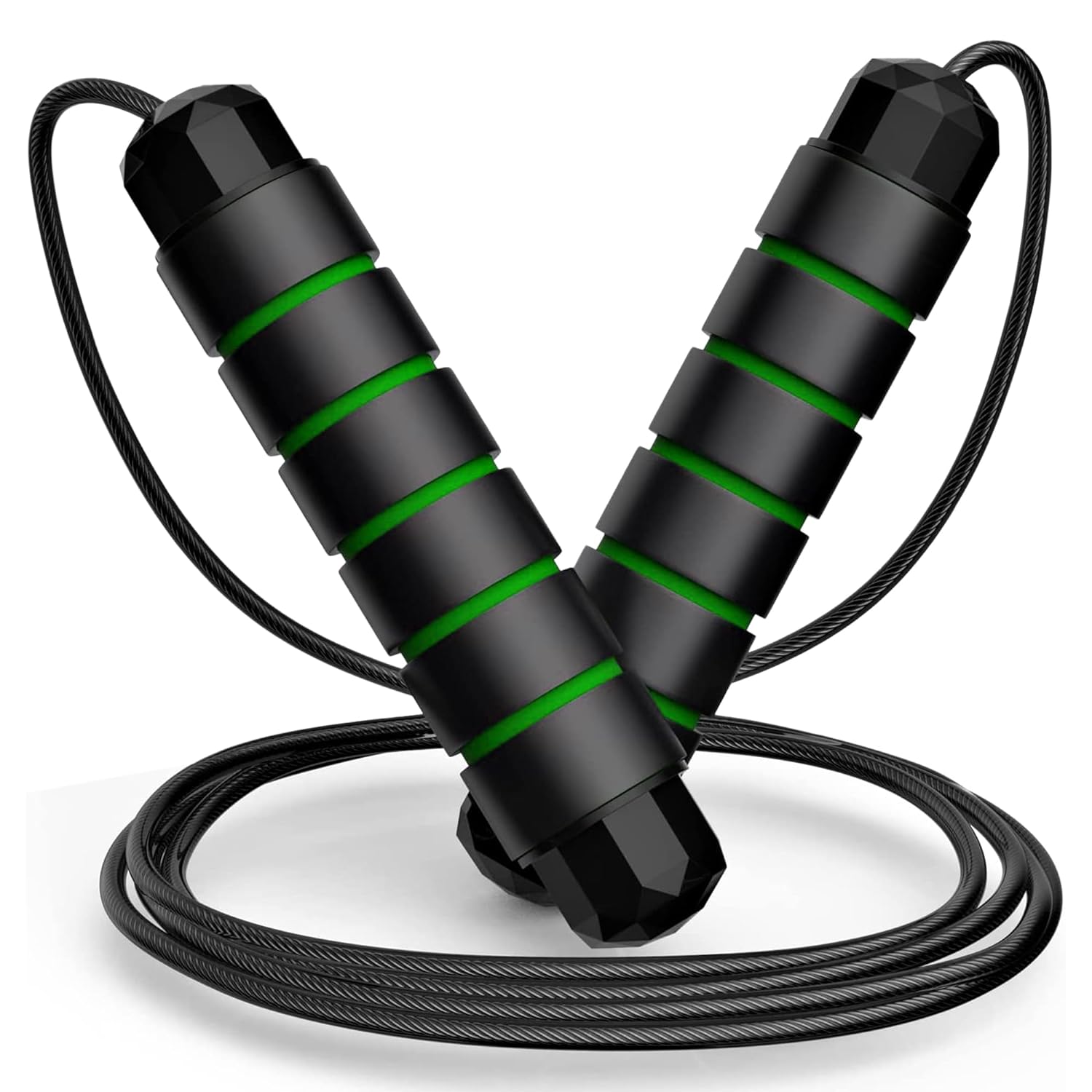 Black and green premium sports speed skipping rope with PVC handles, designed for men, women, boys, and girls.