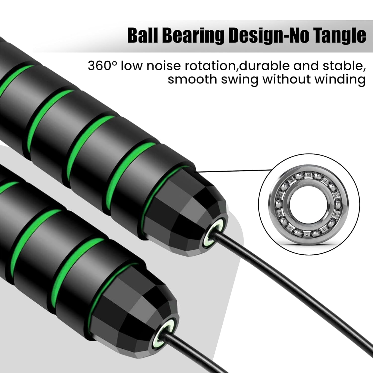 Premium sports speed skipping rope with black and green PVC handles, multicolor PVC cord, suitable for men, women, boys, and girls.