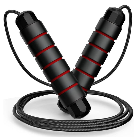 Multicolor PVC speed skipping rope with black and red handles, ideal for men, women, boys, and girls for fitness and cardio workouts.