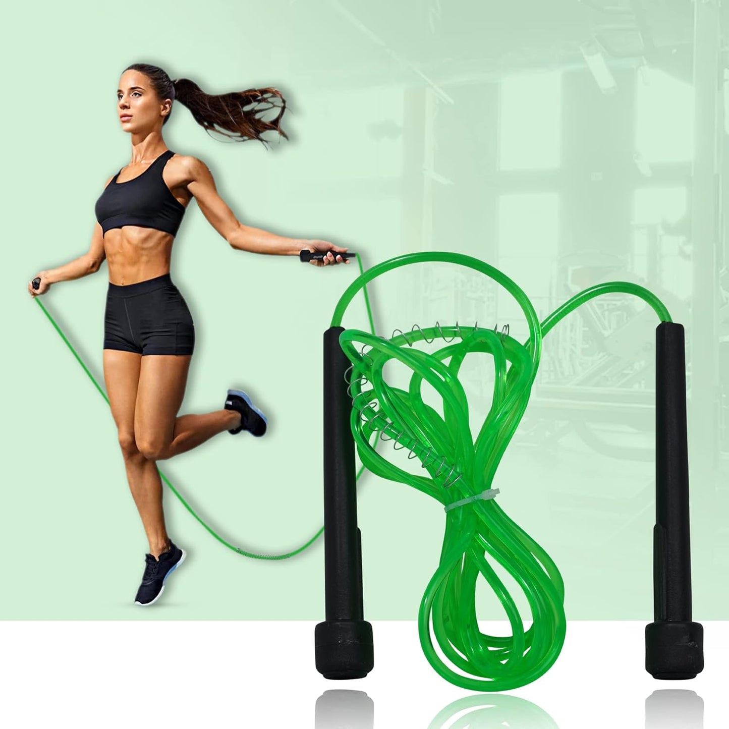 Green premium sports speed skipping rope with PVC handles, multicolor pencil design, ideal for men, women, boys, and girls.