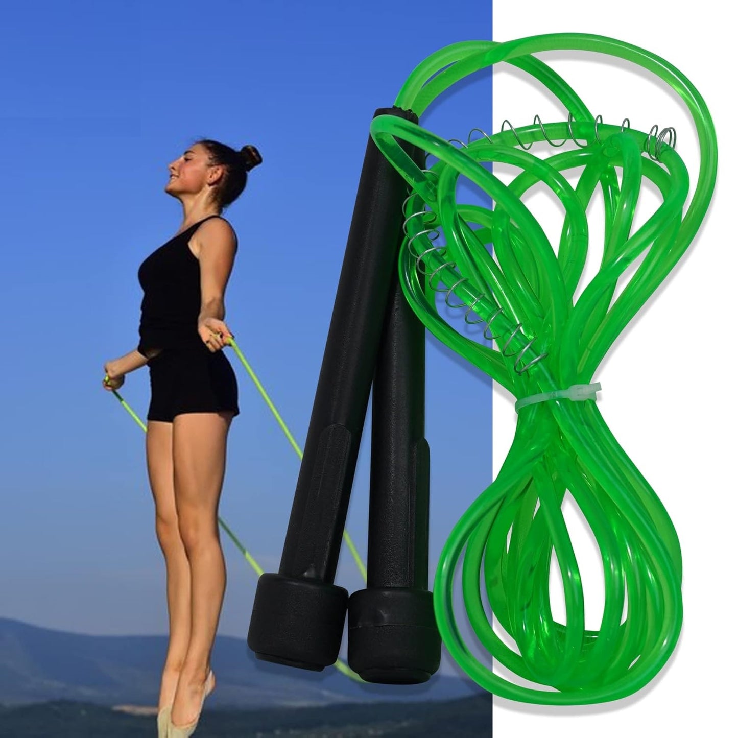 Green premium sports speed skipping rope with PVC handles, multicolor pencil design, ideal for men, women, boys, and girls.