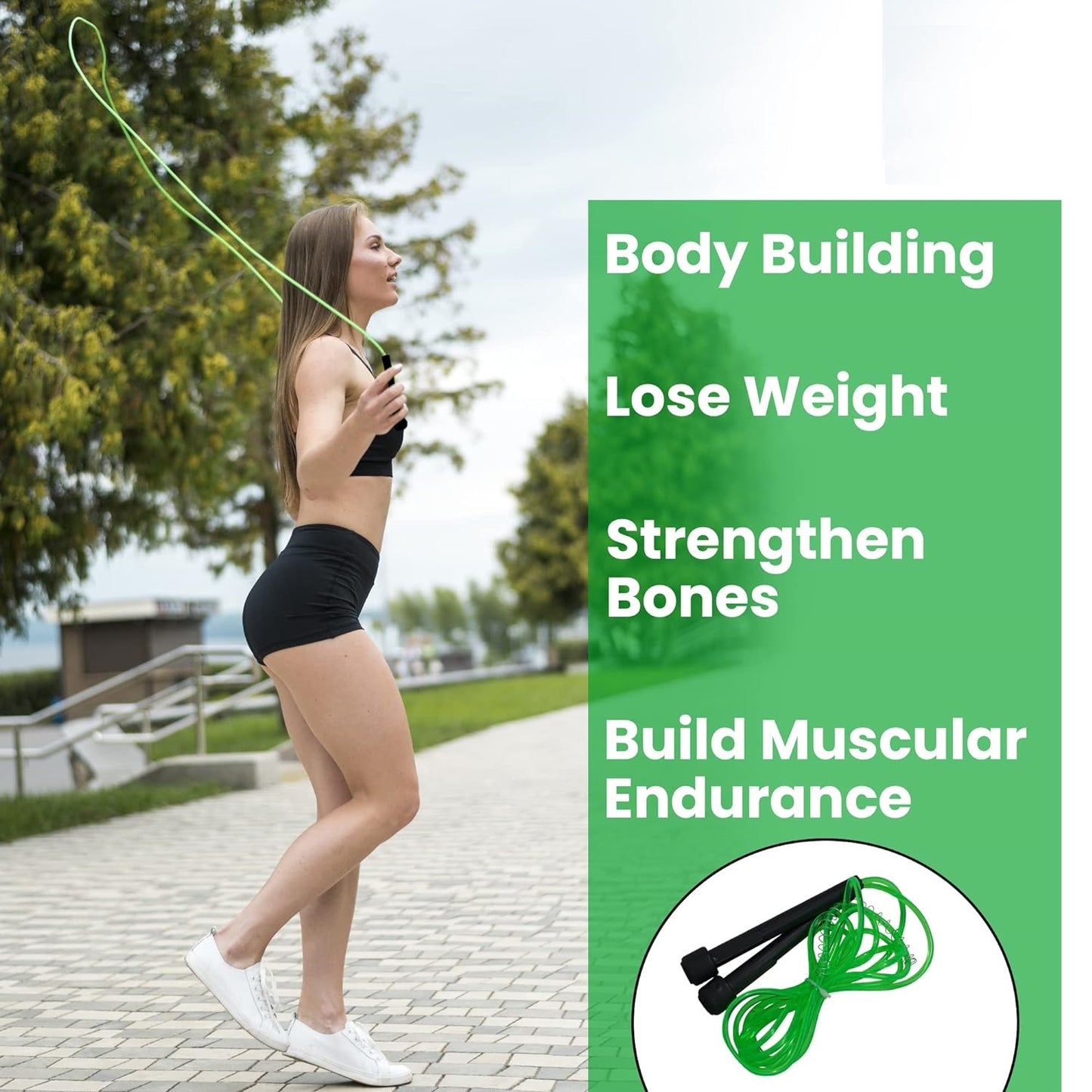 Green premium sports speed skipping rope with PVC handles, multicolor pencil design for men, women, boys, and girls.