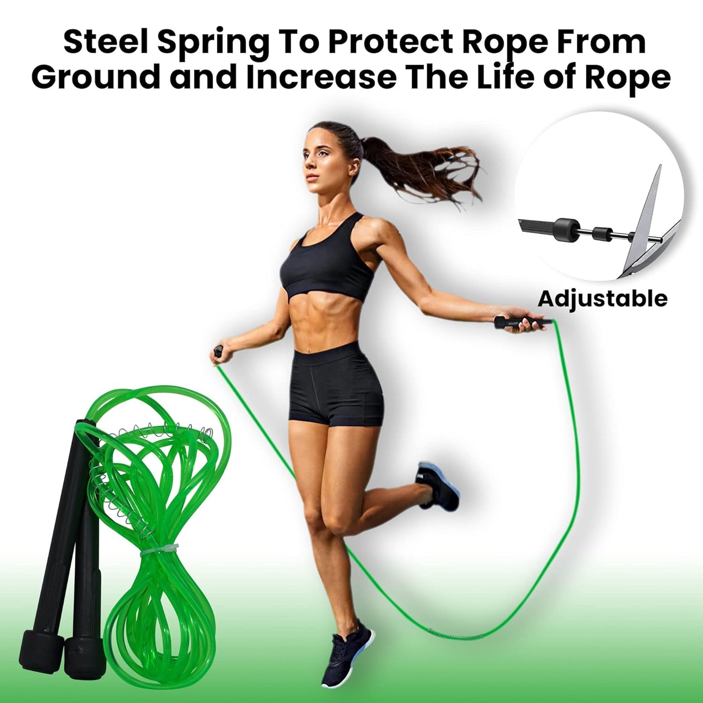 Green premium sports speed skipping rope with PVC handles, multicolor pencil design, suitable for men, women, boys, and girls.