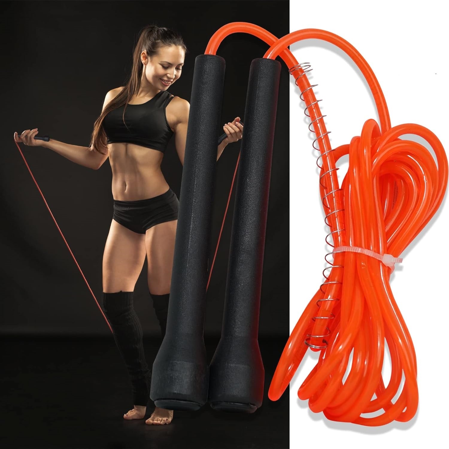 Orange premium sports speed skipping rope with PVC handles, multicolor pencil design for men, women, boys, and girls.