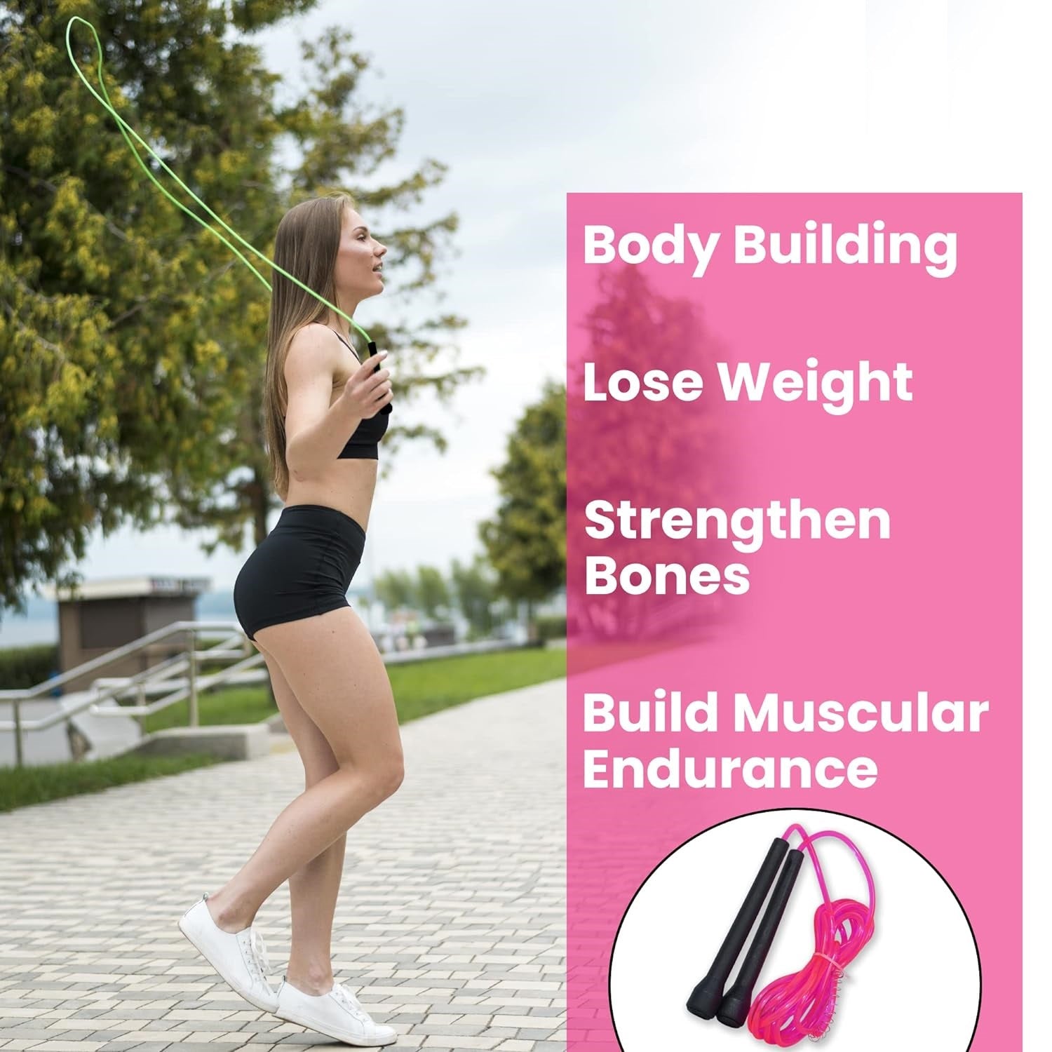 Pink premium sports speed skipping rope with PVC handles, multicolor design, suitable for men, women, boys, and girls.