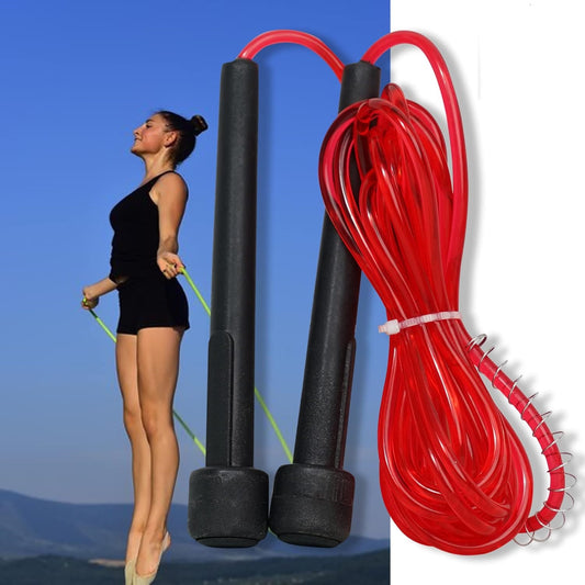 Red premium sports speed skipping rope with PVC handles, multicolor PVC pencil design, ideal for men, women, boys, and girls.