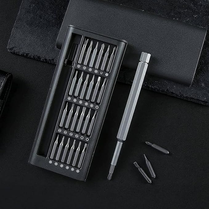 Magnetic 24-in-1 screwdriver set with 24 small screwdrivers for electronics repair, compact hand tool kit in black.