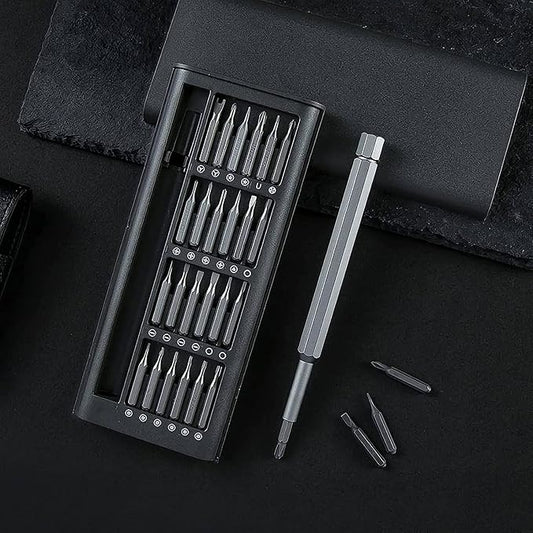 Magnetic 24-in-1 screwdriver set with 24 small screwdrivers for electronics repair, compact hand tool kit in black.